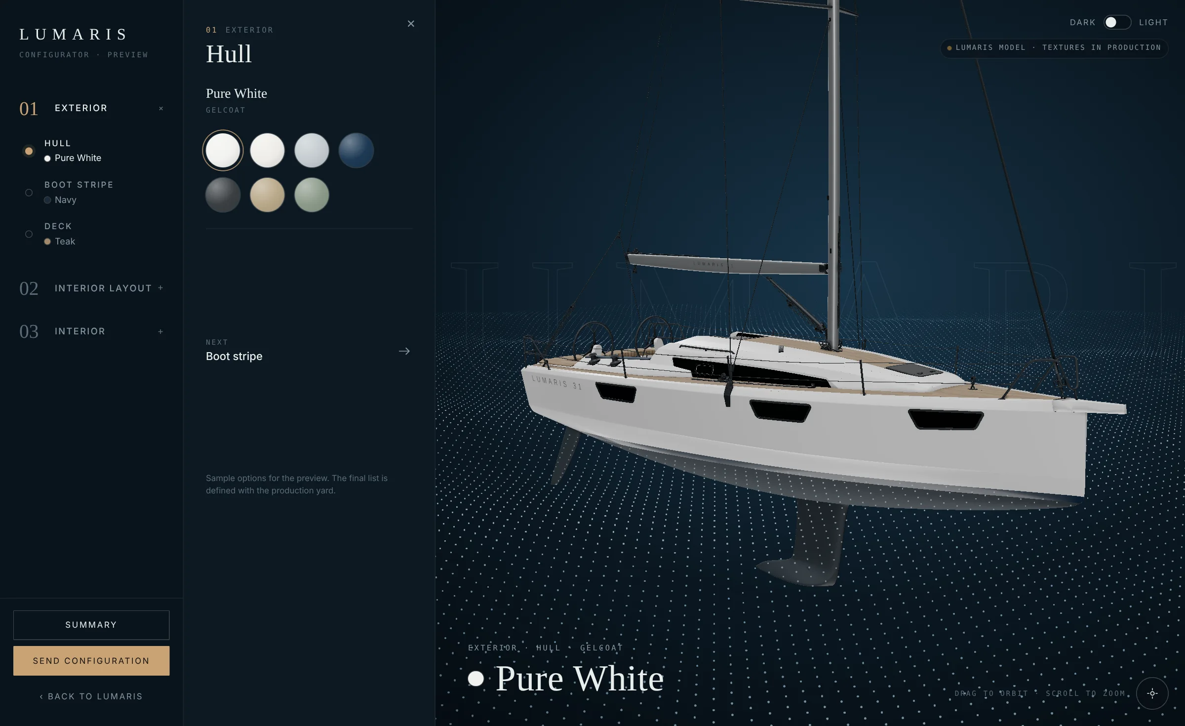 The Lumaris configurator: exterior menu, hull colour swatches and the 3D yacht in a dark studio